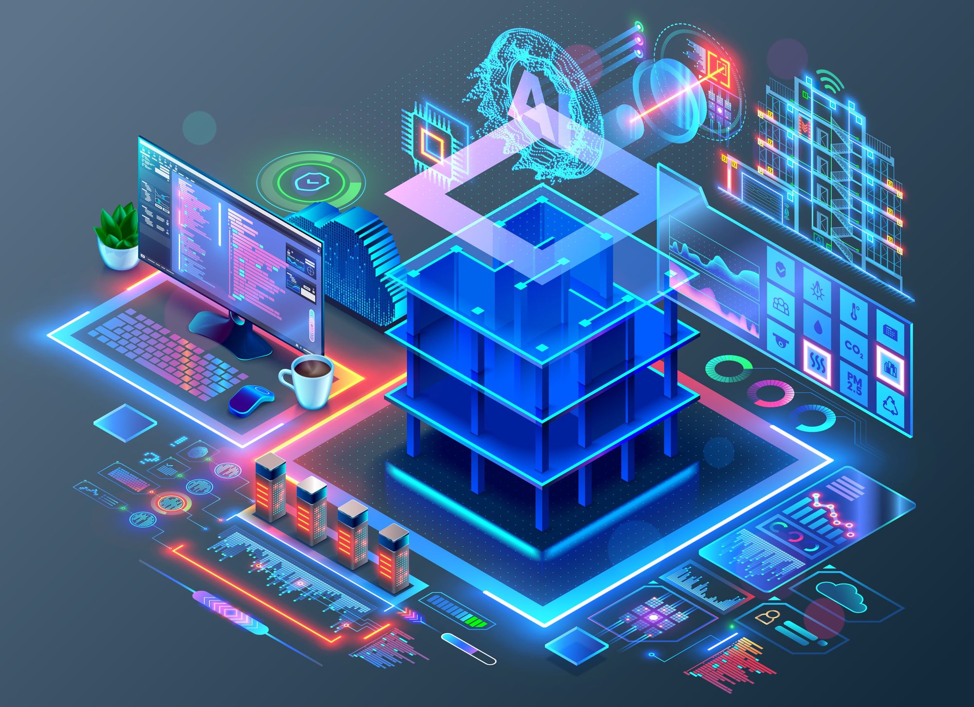 Circuit boards and sensors on a desk